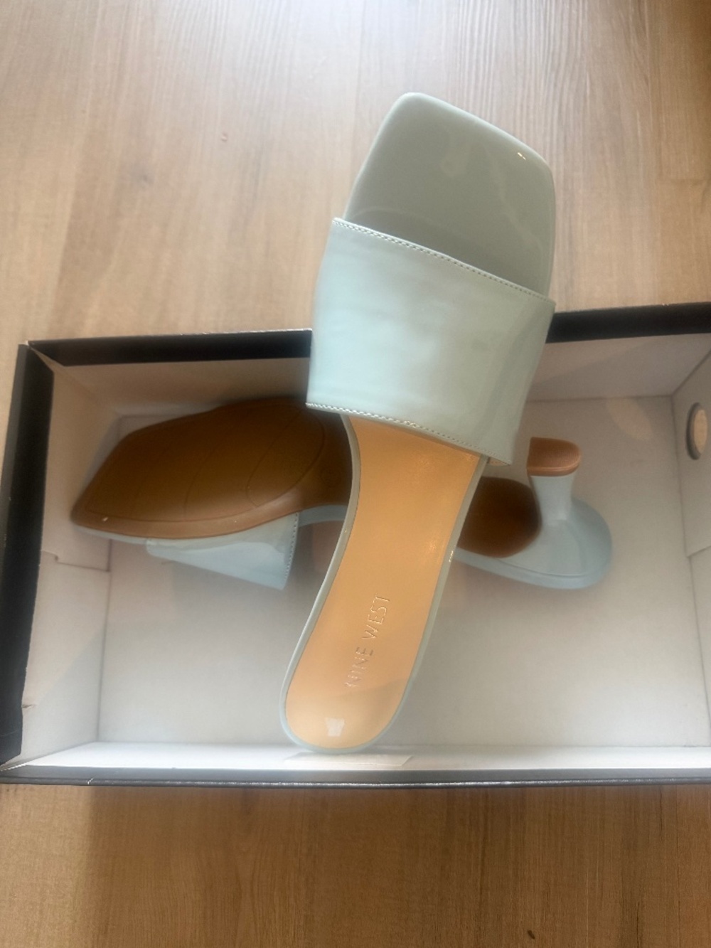 Nine West Women’s Light Blue Patent Leather Slide Sandals Slip On
